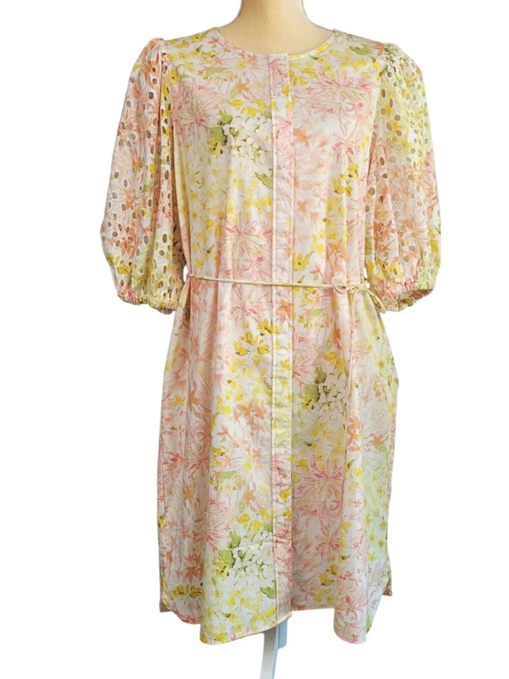 H&M Shirt Dress Women XL Pastel Floral Button Up Eyelet Embroidered Puff Sleeve